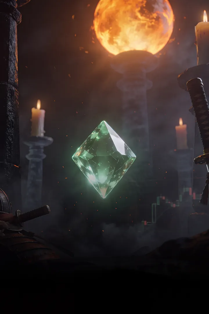 Cristal esmeralda entre velas e katanas sob uma lua em brasa