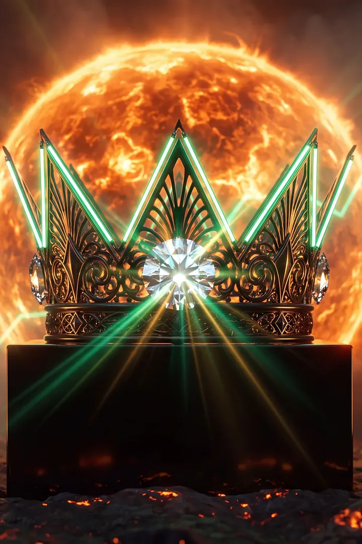Coroa dourada com diamante diante de um sol em brasa